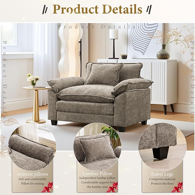 URRED Modular Sectional Sofa Comfy Cloud Couch, Modern Chenille Sofa Sleeper Deep Seat Couches with Ottoman/Pillows for Living Room (Khaki, 53'')