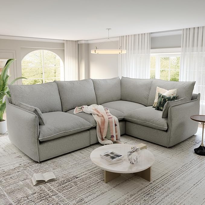 Lopzeho Cloud Modular Sectional Sofa, Waterproof Down Filled Sectional Sofas, High Backrest 4 Seater Sectional Couches for Living Room, Modern Modular Couch with Removable Cover, Light Gray