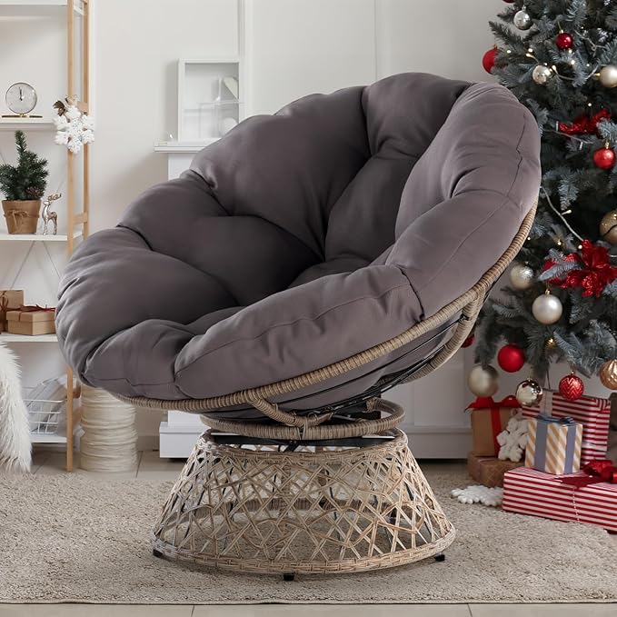 Bme 40" Ergonomic Wicker Papasan Chair with Soft Thick Cushion & Frame, 360° Swivel, Circle, Reading, Comfy Chair for Living Room, Bedroom