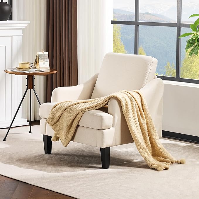 VINGLI Linen Fabric Accent Chair Beige, Modern Upholstered Armchair, Comfy Sofa Chair Living Room Bedroom Furniture for Apartment