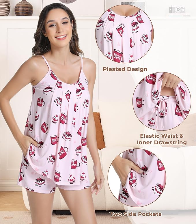 NACHILA Pajamas for Women-Viscose from Bamboo, Ribbed Racerback Tank Top Sexy Split Shorts Pajama Sets Cooling Sleep Cami Pjs