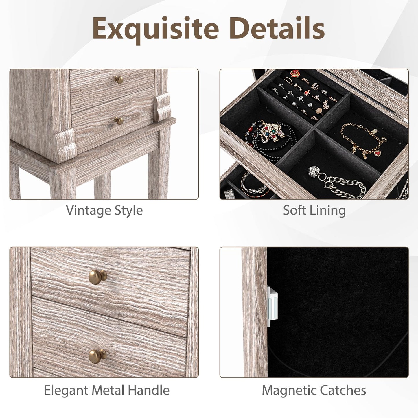 CHARMAID Gray Cabinet, 5 Drawers Jewelry Armoire with Mirror, Swing Doors, Necklace Hooks, Standing Organizer, Large