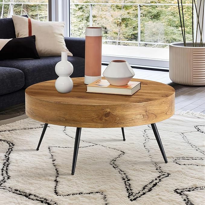 LKTART Coffee Table for Living Room, Round Wood Coffee Tables with Storage, Modern Metal Accent Center Tea Table for Apartment Small Space (31Inch-Brown)