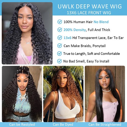 UWLK Deep Wave Lace Front Wigs Human Hair Pre Plucked 200 Density 13x6 HD Lace Frontal Wig for Women Wet and Wavy Lace Front Wigs Human Hair 20 Inch