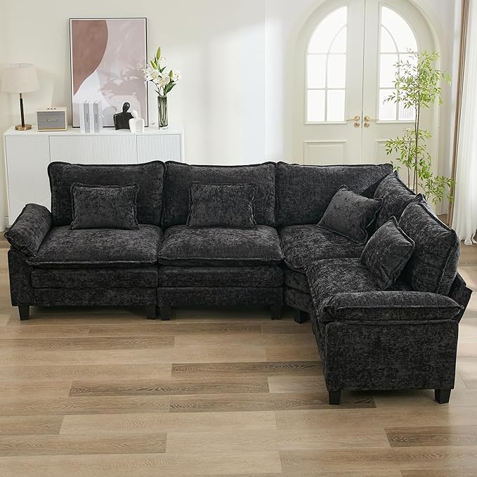 URRED Cloud Couch Modular Sectional Sofa, 116" Modern L Shaped Deep Seat Sofa with Pillows, Ultra Comfy Chenille Corner Couches for Living Room, Bedroom or Apartment, Black