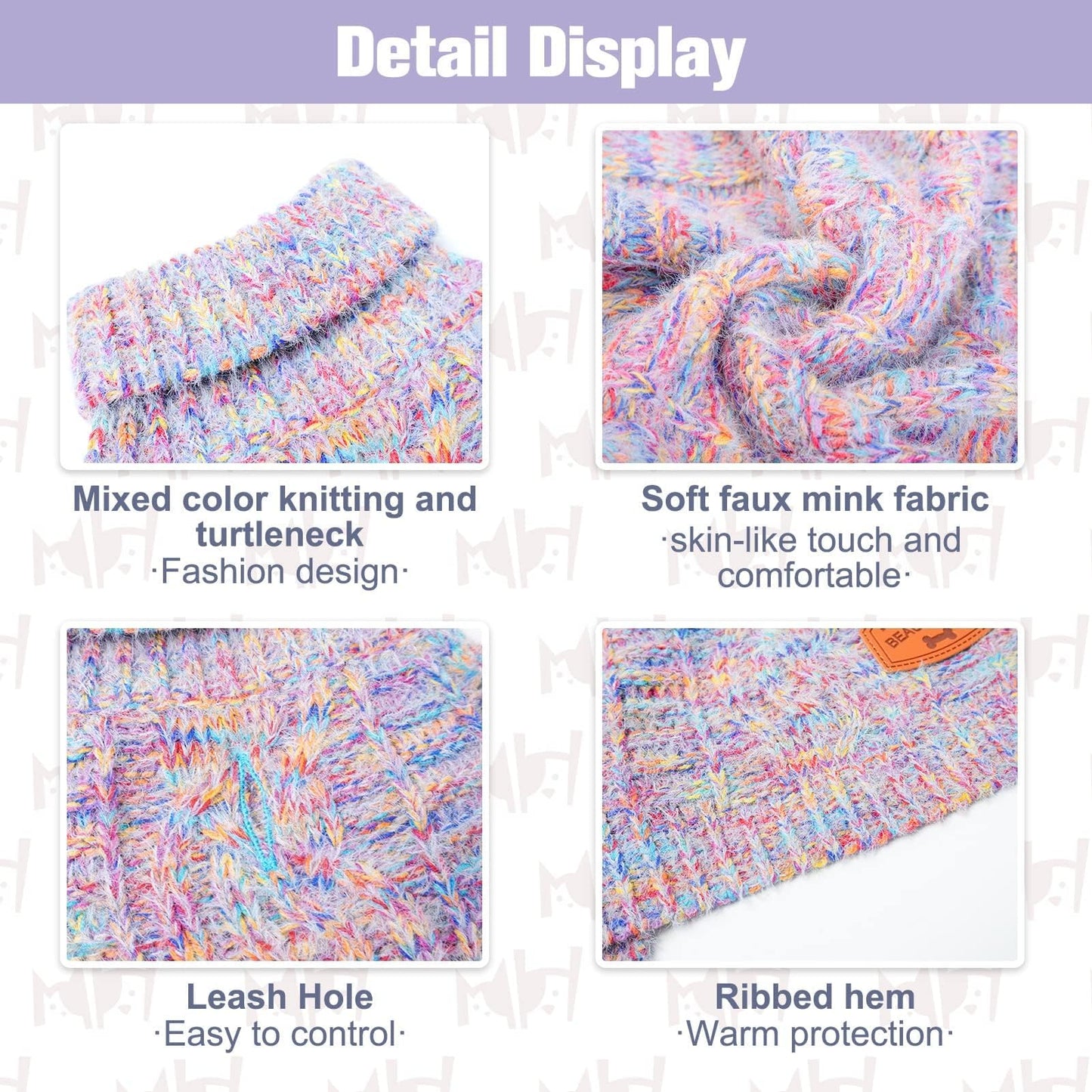 BEAUTYZOO Small Dog Sweater -Turtleneck Pullover Classic Cable Knit Fuzzy Winter Coat Dog Cold Weather Clothes for Small Medium Dogs Puppy Girl Boys(Rainbow Pink, M/L)