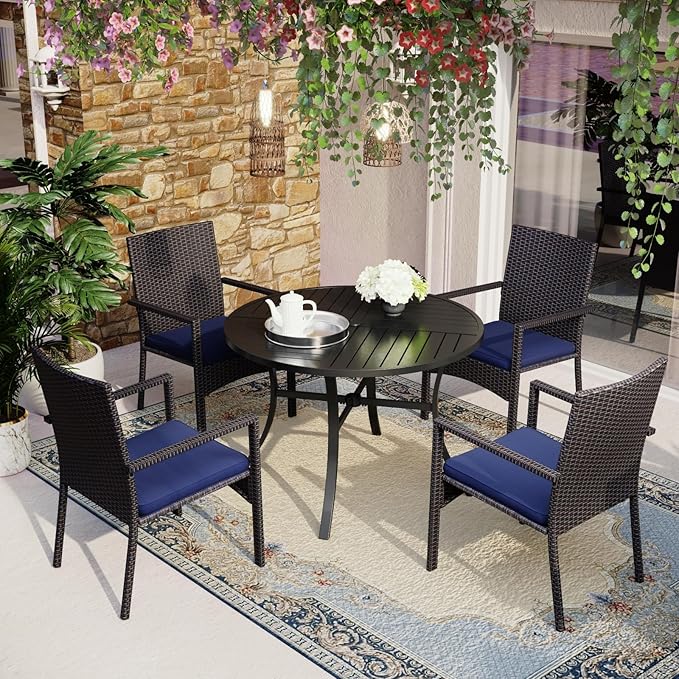 MFSTUDIO Patio Rattan Chairs Set of 4, Wicker Outdoor Dining Chairs Set of 4, All Weather Patio Armchairs w/Armrests, Steel Frame, Brown, 330lbs