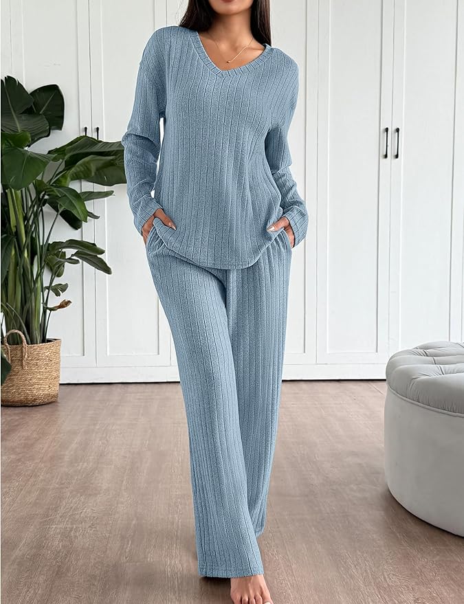 Ekouaer Lounge Sets for Women Long Sleeve Knit Ribbed Pajama Sets 2 Piece Casual Loungewear with Pockets