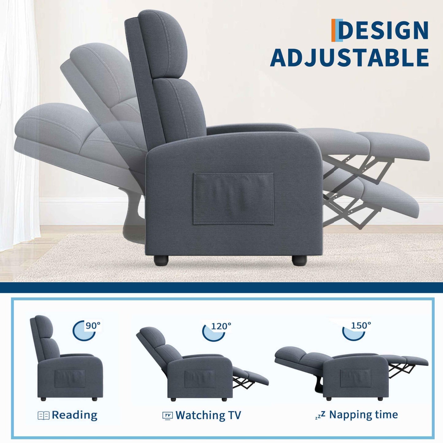 Garvee Recliner Chair for Adults, Leather Lazy Recliner Ergonomic Adjustable Single Sofa Enhanced with Side Pocket, Tall Back, Wide Arms & Padded Seat, Home Theater Seating for Living Room, Grey