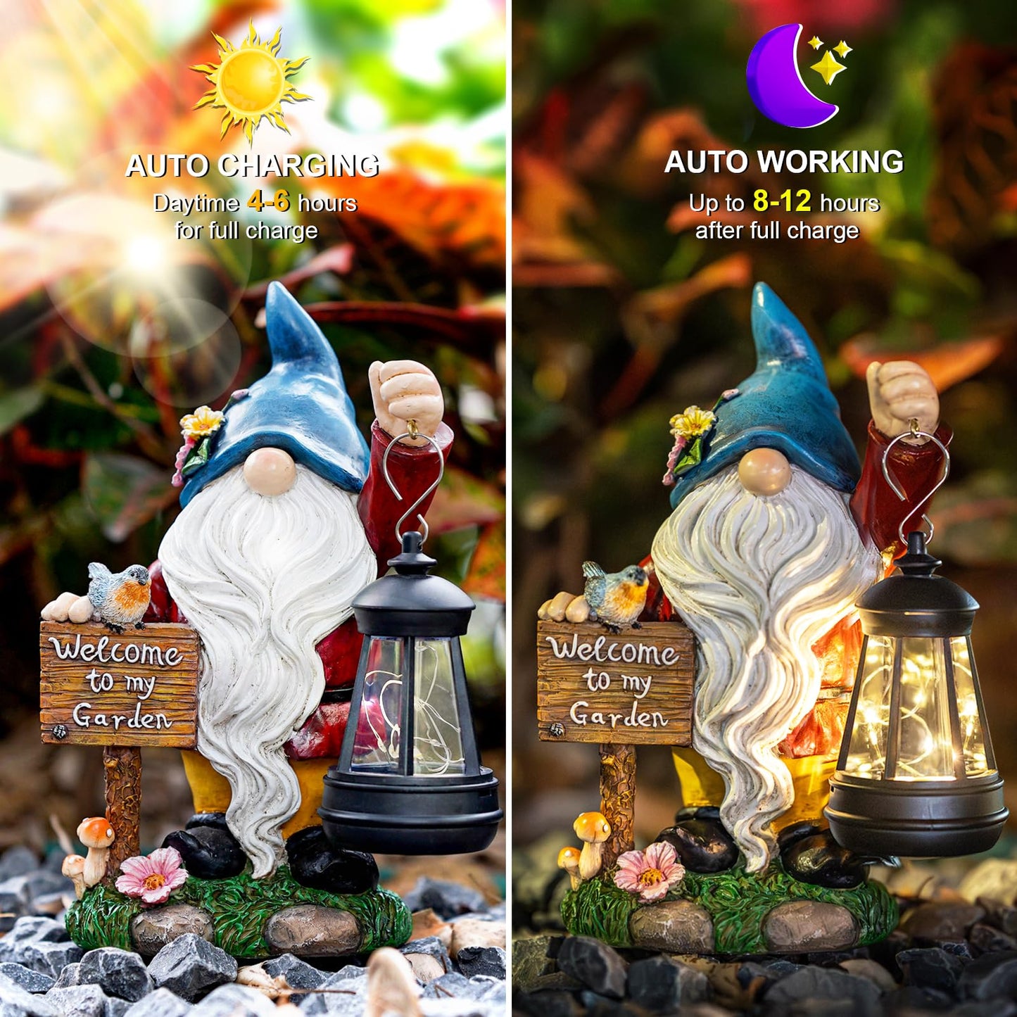 ZQQLITE Garden Gnome Statues Figurine Lights - Solar Powered Lighting Outdoor Decorations with Lantern & Welcome Sign, Yard Art Lawn Ornaments for Porch Patio Balcony - Gnome Gifts for Women Mom