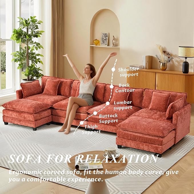SoarFlash 149.61" Chenille Sectional Sofa, Comfy U Shaped Modular Coush Sofa with Ottoman, Modern 4 Seat Couch Deep Seat Sofa Set for Living Room,Orange