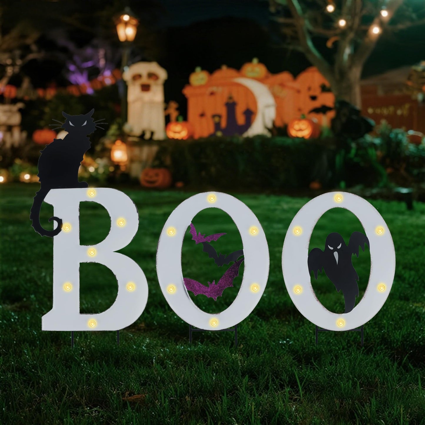 Prsildan 3 Pack Halloween Decorations Outdoor -Solar Powered Lighted Boo Yard Sign with Bats, Cat & Ghost, Waterproof Metal Lawn Stakes for Front Yard, Porch, Garden - Spooky Halloween Party Decor