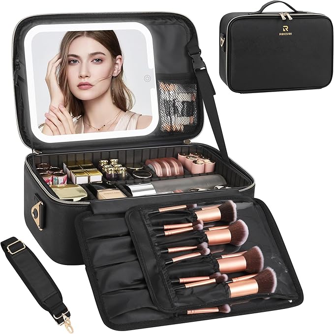 Chomeiu Makeup Bag with LED Mirror, Large Travel Cosmetic Train Case for Women, Makeup Artists Large Organizer Box with Vanity Light Up Mirror, 3 Color Lights, Adjustable Dividers (Black)