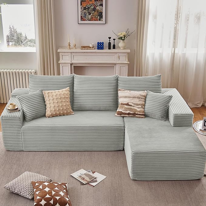 107" W Cloud Sectional Couch with L-Shape Chaise, Modern Corduroy Boneless Couch for Living Room,Memory Foam Sofa with Deep Seat,No Assembly Required (Grey,Right-Facing Chaise)