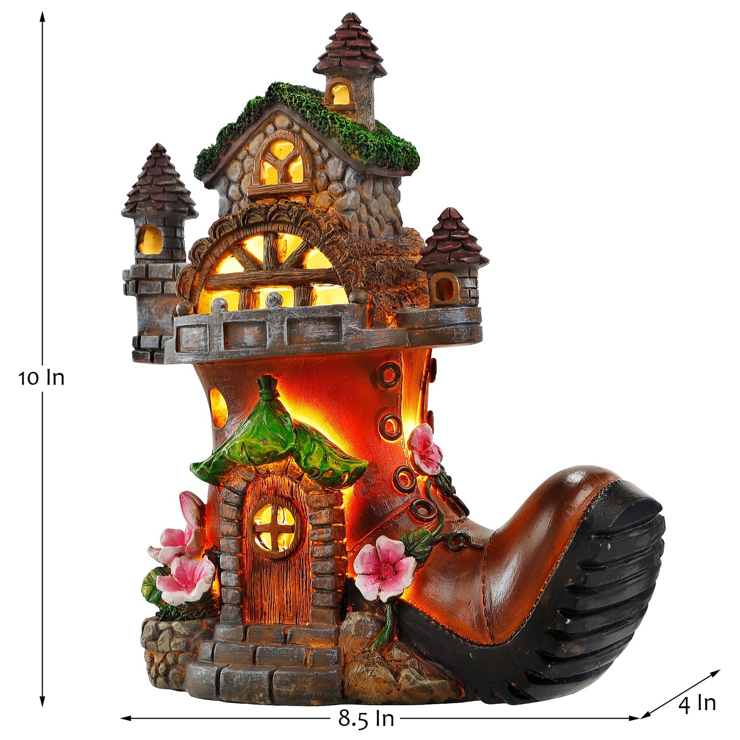 FORUP 10 Inch Fairy House Garden Statues with Boots, Fairy Garden Decor House Kit, Solar Powered Lights Garden Figurine for Outdoor Patio Lawn Yard Garden Decorations