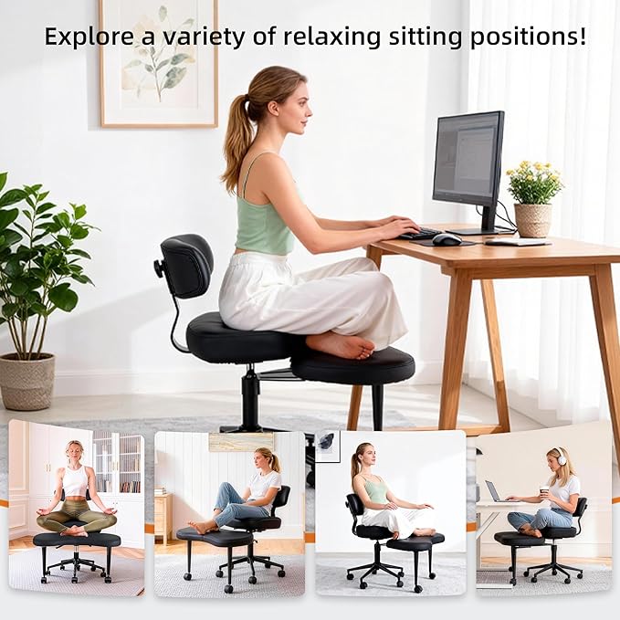 DUMOS Ergonomic ADHD Cross Legged Office Desk Chair with Adjustable Backrest, Height Adjustbale Meditation Chair with 360° Swivel Footstool, PU Leather Yoga Stool for Home Office, Black