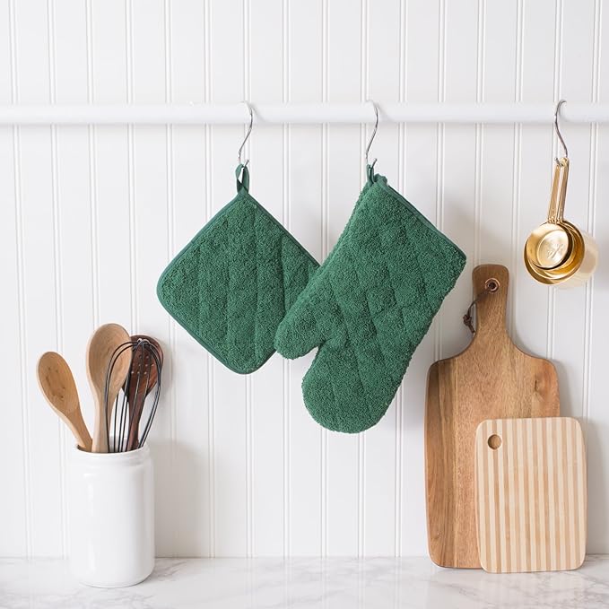 DII Basic Terry Collection 100% Cotton Quilted, Oven Mitt, Dark Green, 2 Piece
