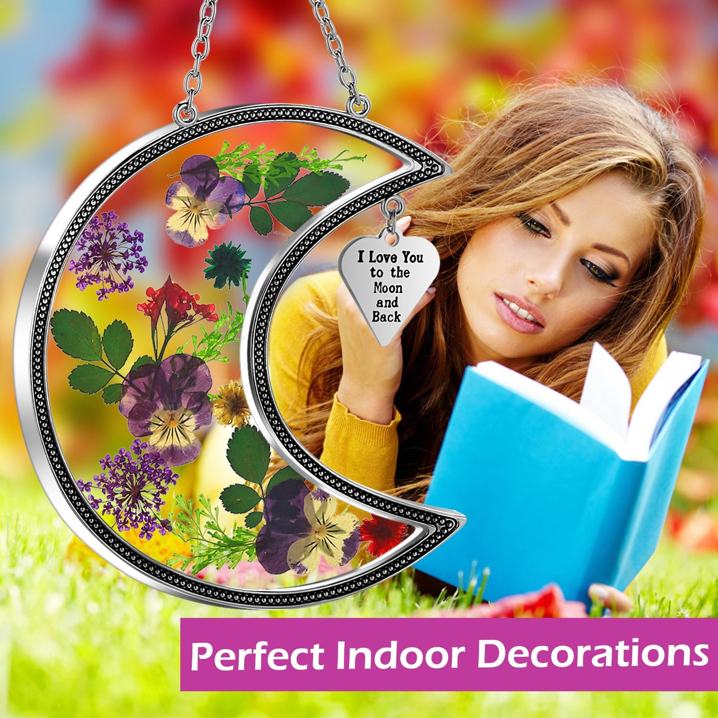 KY&BOSAM Moon Suncatcher I Love You to The Moon and Back Stained Glass for Window Hangings Wind Chime Decor with Pressed Real Flower and Metal Charm Birthday Gift for Women Mom Mother`s Day Christmas