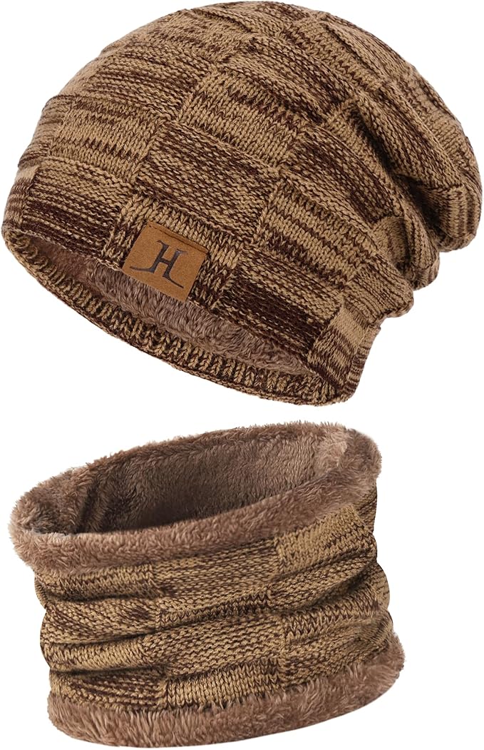 Mens Winter Beanie Hats Scarf Set Warm Knit Skull Cap Neck Warmer with Fleece Lined Winter Hat for Women