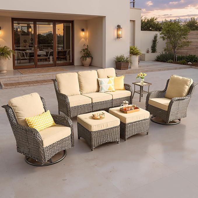 ovios 6 Pieces Patio Furniture Set, Outdoor Wicker Sofa Couch with Swivel Chairs Ottomans Comfy Cushions, High Back Modern All Weather Conversation Sets, Brown Rattan, Beige