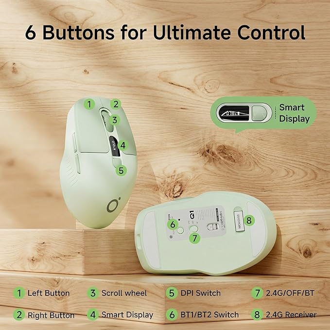 EWEADN Q1 Wireless Mouse, BT & 2.4G Silent Mouse Quiet Click with 1600 DPI Levels, Battery & DPI LED Screen Display, 6 Button Small Portable Bluetooth Mouse for Laptop/PC/Mac-Green