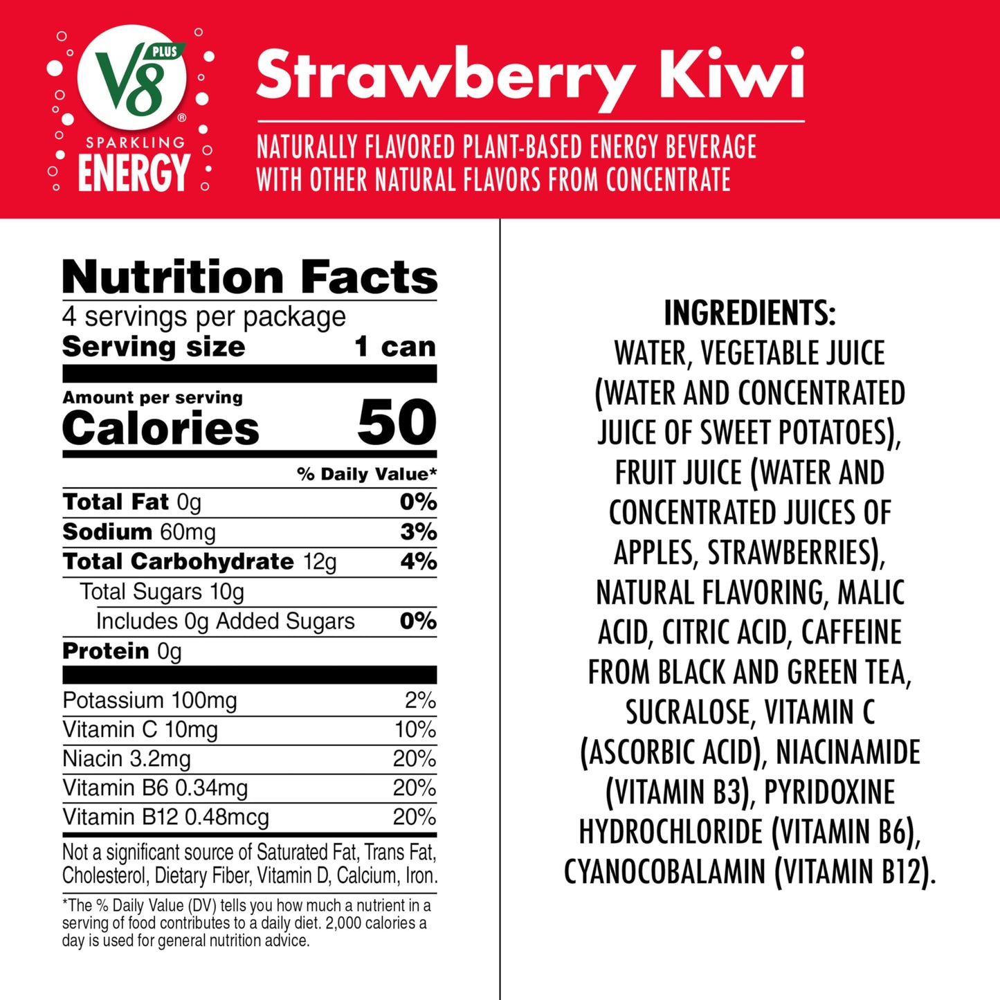 V8 +SPARKLING ENERGY Strawberry Kiwi Energy Drink, Made with Real Vegetable and Fruit Juices, 11.5 FL OZ Can (6 Packs of 4)