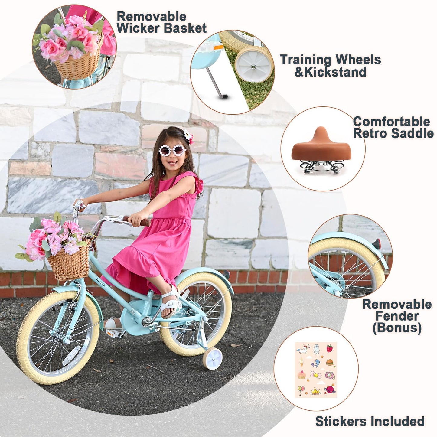 Glerc ‎Little Molly 12 Inch Kids Bike, Retro Cruiser Girls Bicycle for Children Ages 2-4 Years Old, Toddler Bike with Wicker Basket & Training Wheels, Blue