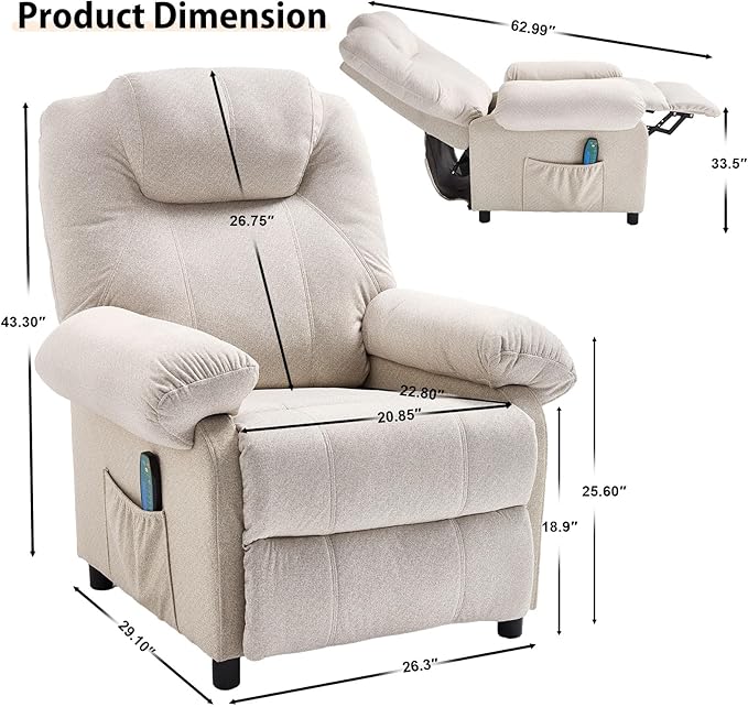 Massage Recliner Chair with Heat Small Recliners for Small Spaces Pushback Recliners Manual Reclining Chairs for Adult, Overstuffed Fabric Single Sofa with Side Pocket for Living Room,Beige