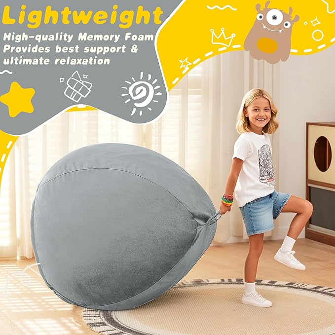 HABUTWAY 2FT Bean Bag Chair, 2' Beanbags Small Bean Bag Chairs with Filling, Teardrop Bean Bag Chair Luxurious Velvet Ultra Soft Fur with Removable Cover(Light Grey)