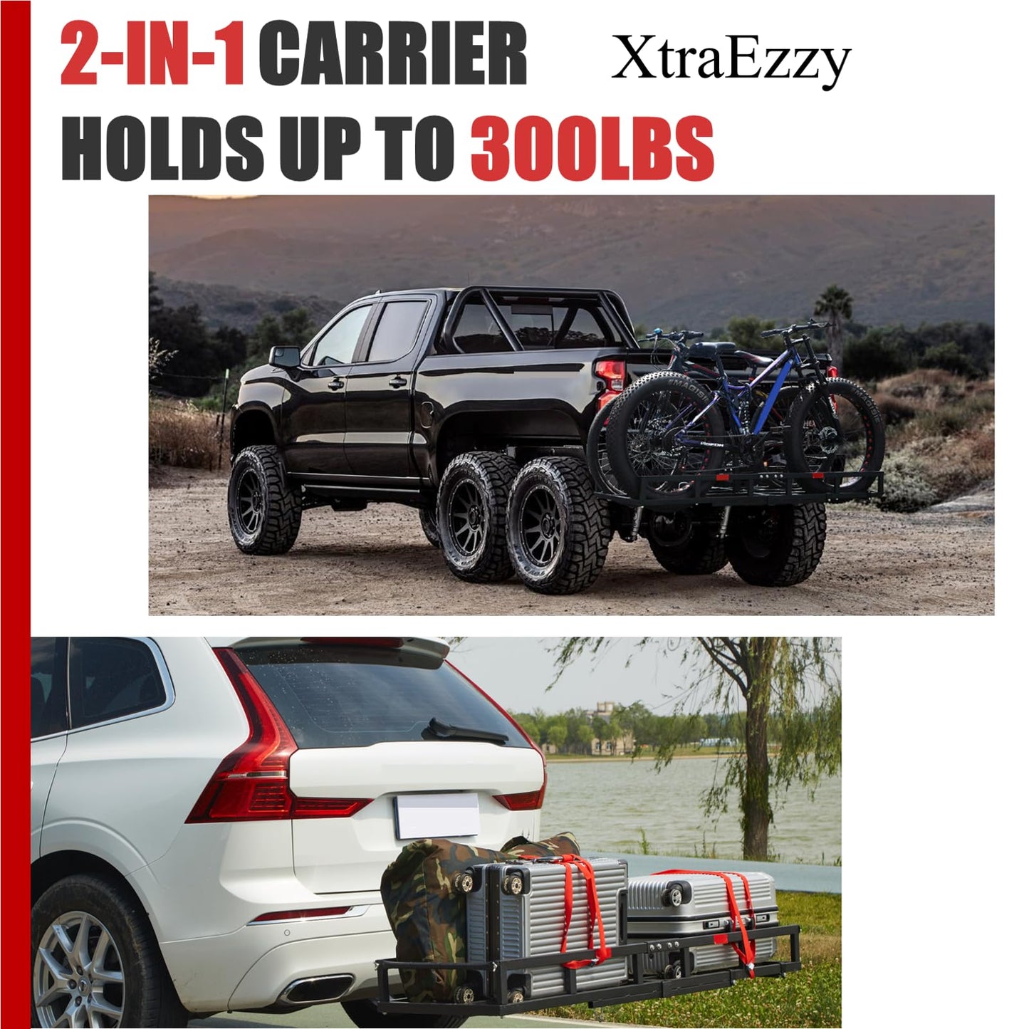 Hitch-Mount Bike Rack for Ebike Heavy-Duty - Fits 2 Electric Fat-Tire Mountain Bicycles Fits 2" Receiver for Car SUV Truck RV Minivan (Red, Comes with Cargo Carrier)