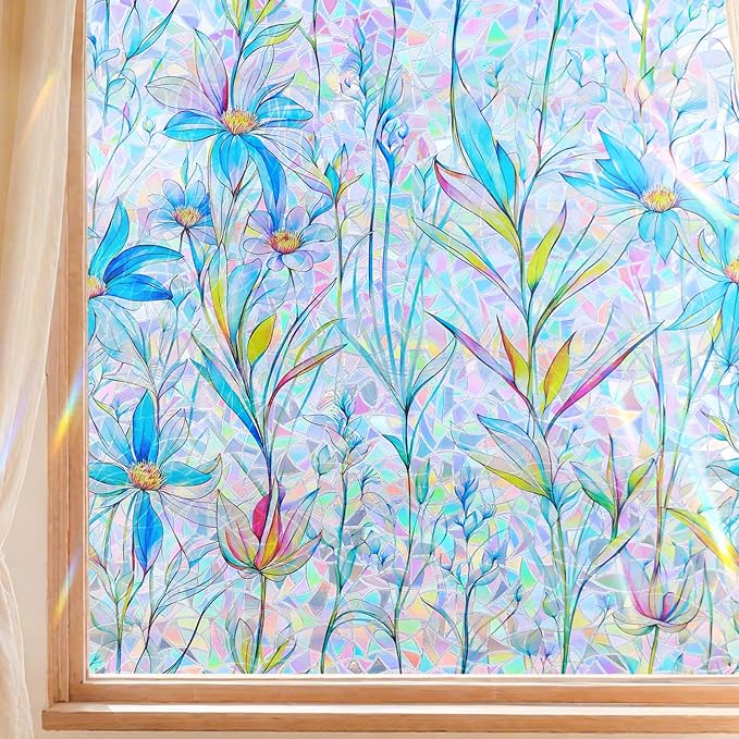 FINNEZ Window Privacy Film Stain Glass Film Flowers Rainbow Window Film Window Clings Non-Adhesive Reusable Decorative for Home（Blue Lotus，35.4 Inch x 13.1 Feet）