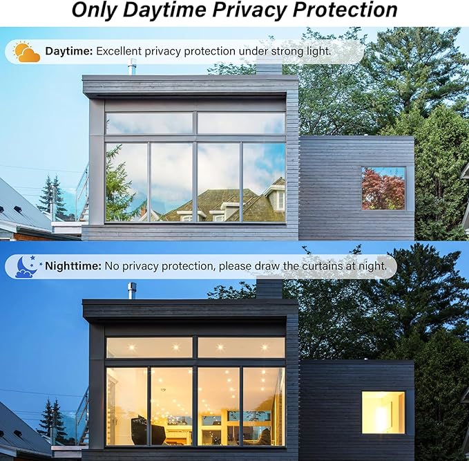 Kromapolis One Way Window Privacy Film Reflective Mirror Home Window Tint, Daytime Privacy Heat Control Anti UV Glass Tinting Static Cling (Silver, 23.6 x 157.4 inch)