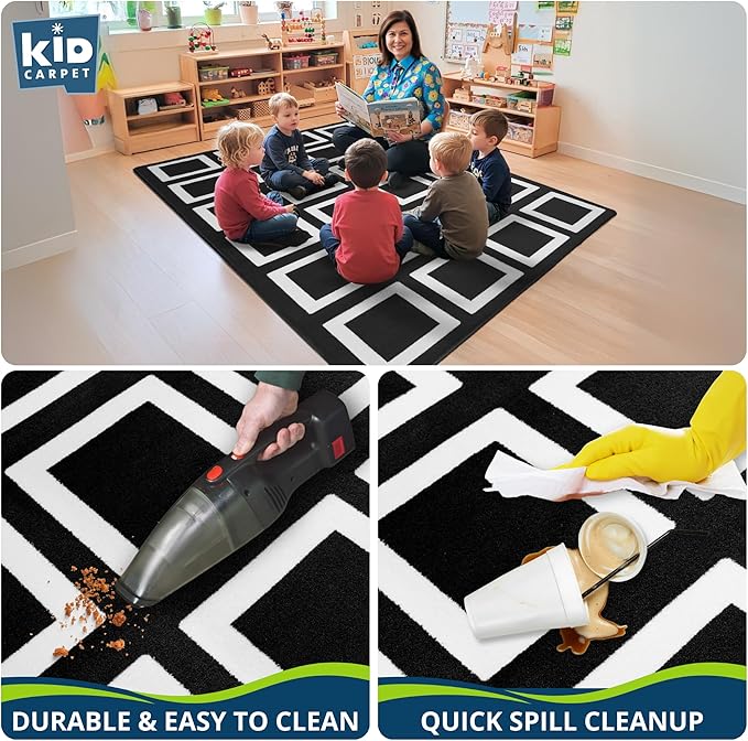 KIDCARPET.COM Black and White Squares Classroom Seating Rug 7'6" x 12' Rectangle, Educational Classroom Rug, Kids Learning Play Mat | Area Rug for Bedroom or Playroom