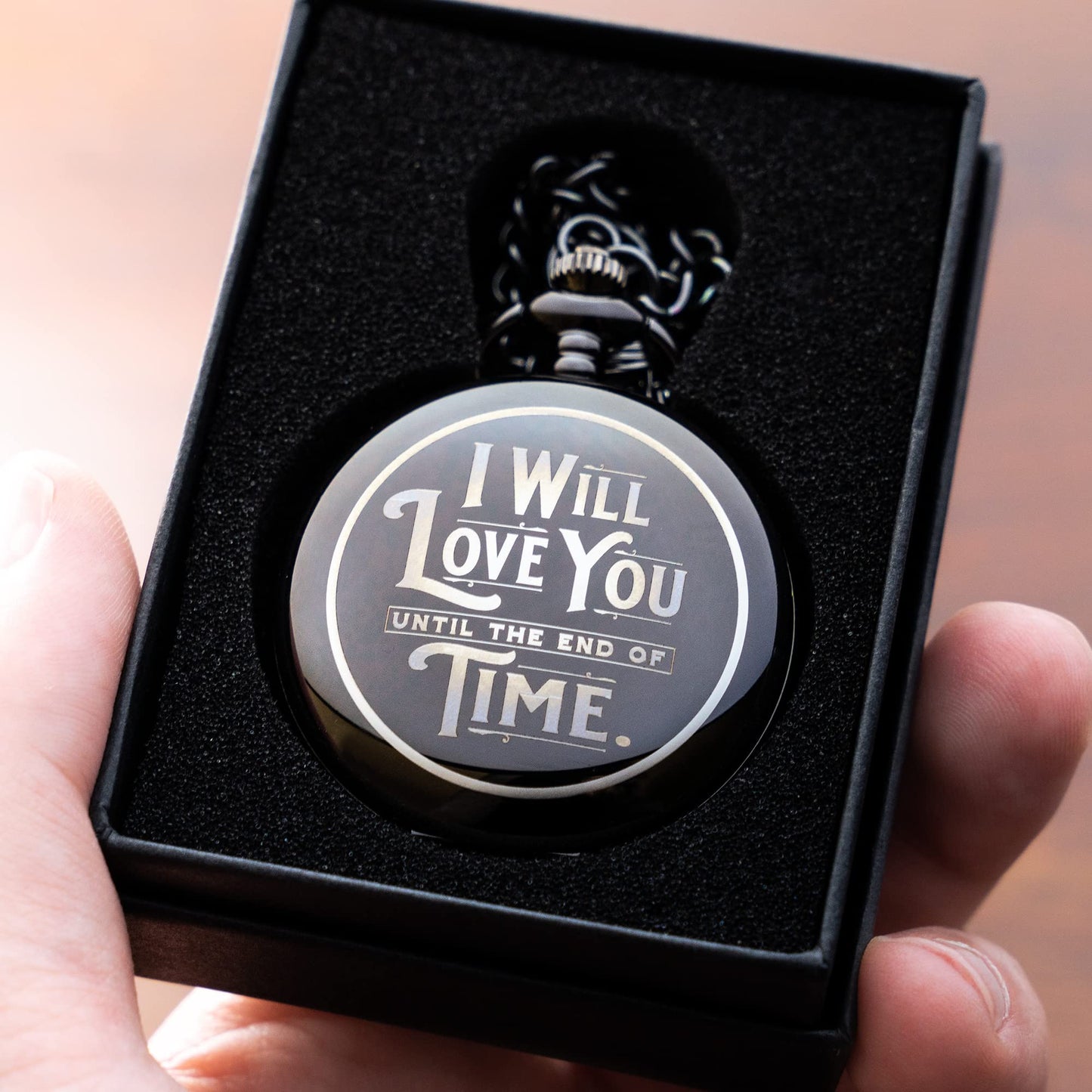 Engraved Pocket Watch with Chain for Husband or Boyfriend | Classy Gift Set for Anniversary or Any Occasion (I Will Love You Until the End of Time)