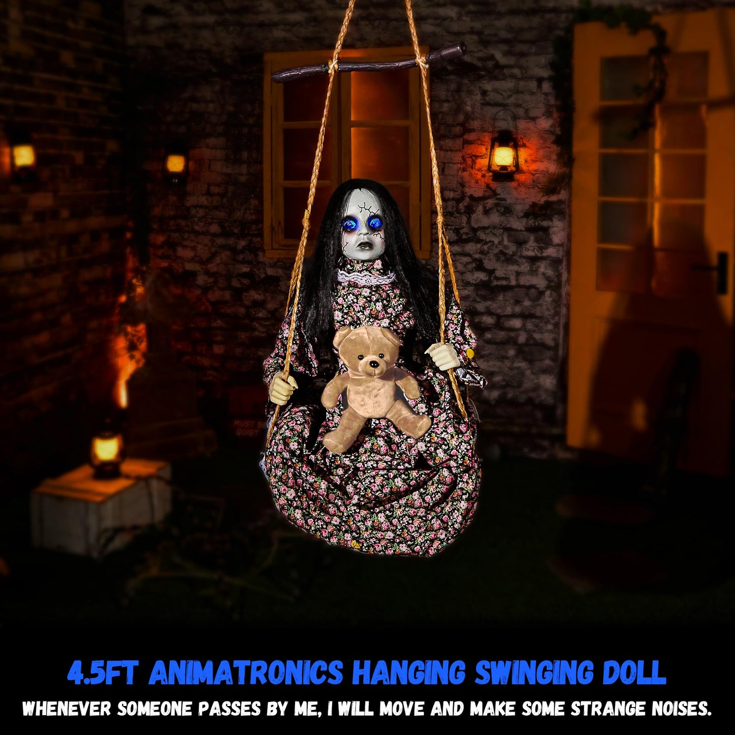Halloween Animatronics Hanging Swinging Doll Floating Decorations with Sound & Sensor Activated, Creepy Sound, Light Up Eyes, Scary Move, Haunted House Decor Spooky Holiday Prop for Indoor, Outdoor