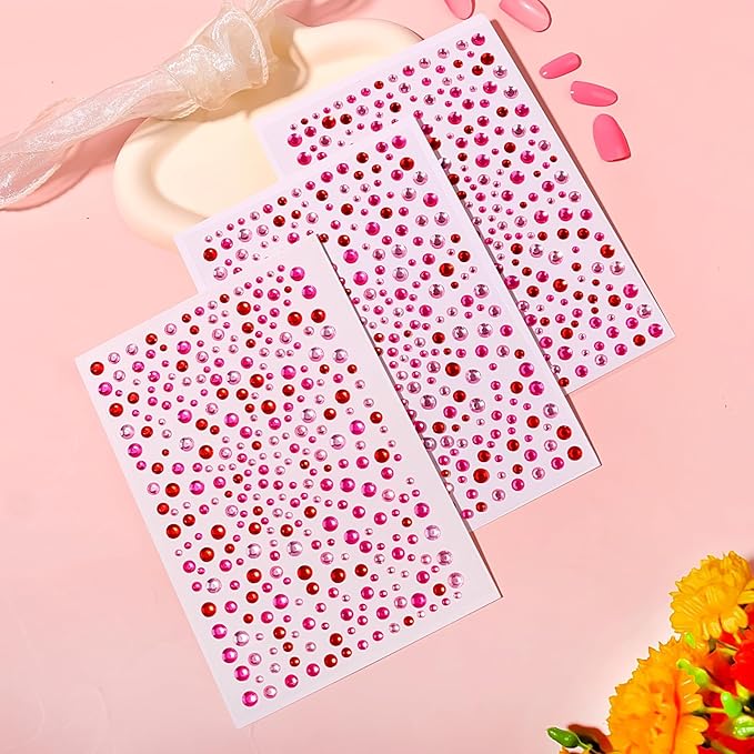 Face Gems Pearls for Makeup Rhinestone Stickers for Crafts Stick on Body Clear Crystal Tweezers Decals 3/4/5/6MM Hair Nails Craft DIY Gems for Nails Makeup Decor 975PCS (Red Pink)