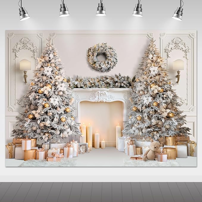 Mocsicka Classic Christmas Interior Room Photography Backdrop White Christmas Fireplace Photo Background Decorated Xmas Tr...