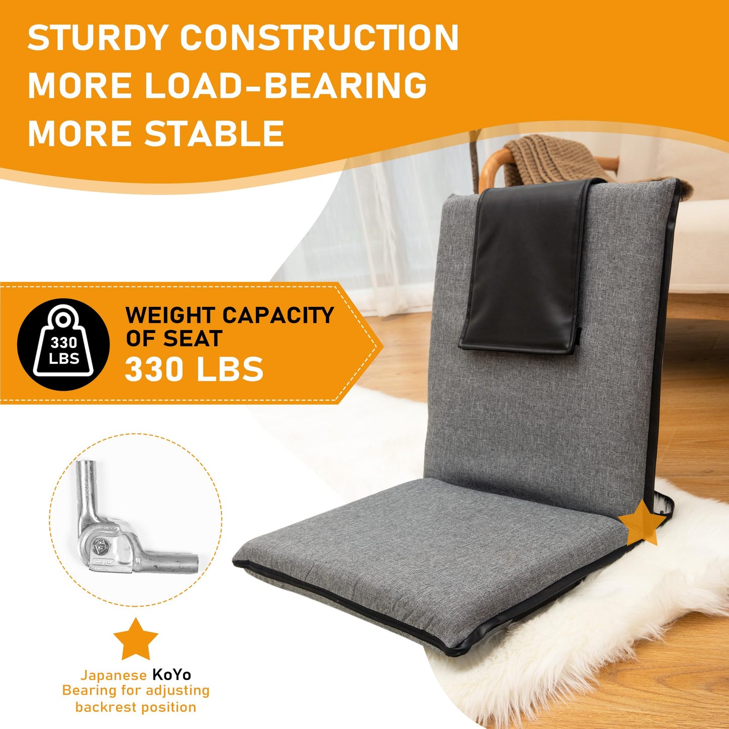 FASTMOMENT Floor Chair with Back Support 14-Position Adjustable Floor Chair Portable Ground Seating for Adults & Kids Foldable Meditation Seat with Japanese KOYO Bearings & Washable Linen Cover (Grey)