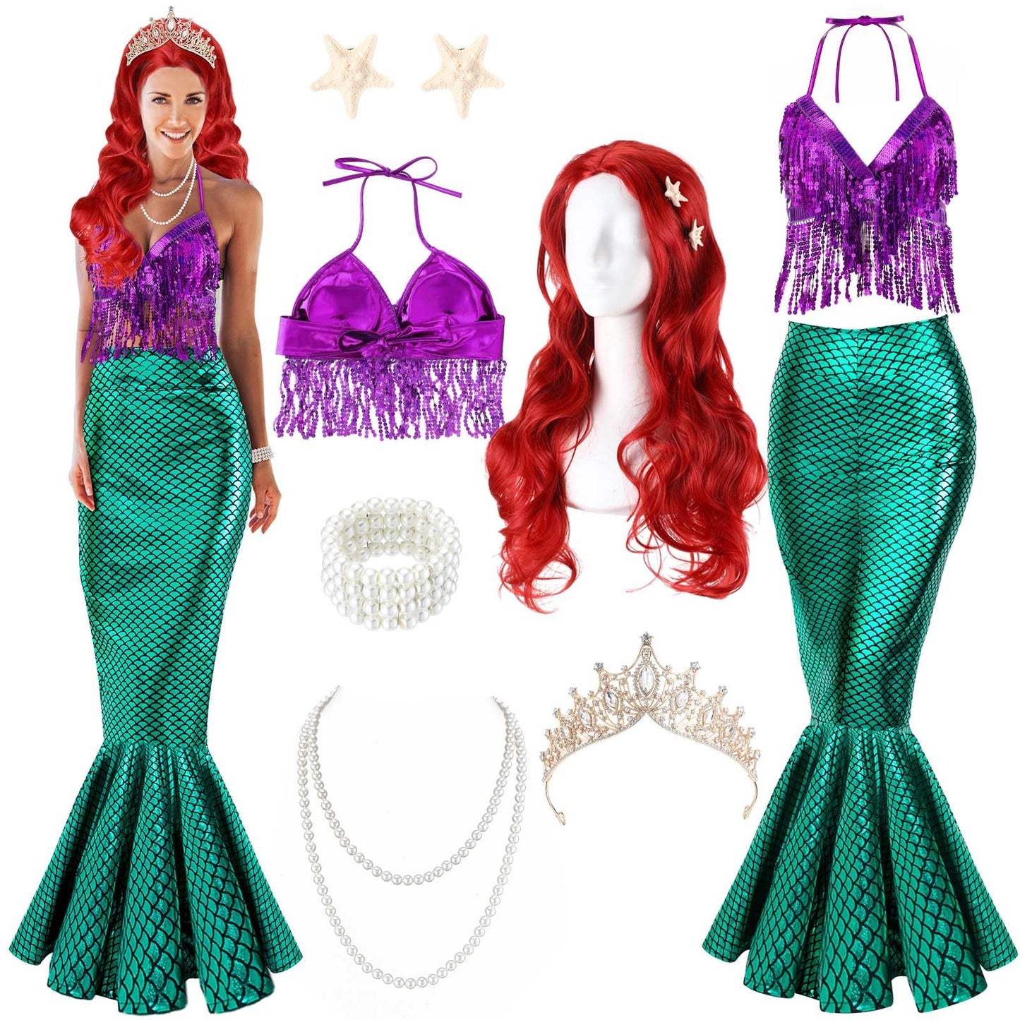 Croknit 8 Pcs Mermaid Costume for Women Halloween Costumes Sparkly Sequins Top Mermaid Skirt Wig Princesses Dress for Adults(Green,X-Large)