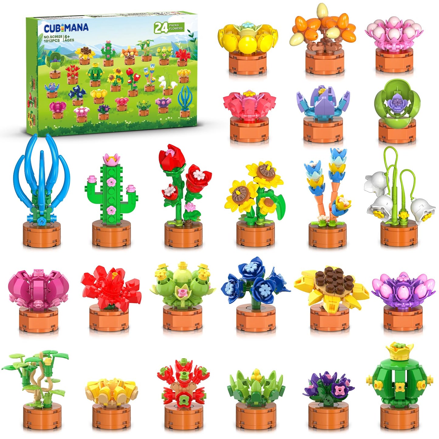 24 Pack Flowers Succulents Party Favors for Kids Building Set - 1012 PCS Botanical Bonsai 3.6MM Mini Building Blocks Toy for Classroom Prizes Easter Basket Stuffers Birthday Gift for Girl Boy Ages 6+