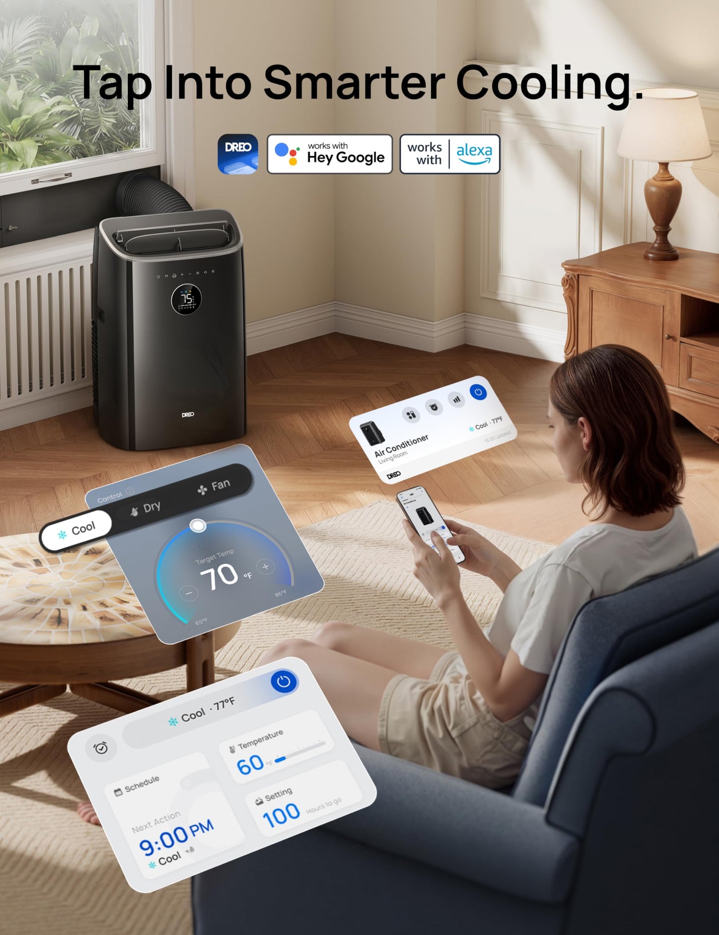 DREO Portable Air Conditioner 516S, 14000 BTU ASHRAE (10000 BTU DOE) Smart AC Unit for Bedroom with Drainage-free Cooling, Fan&Dehumidifier 3 in 1, APP/Voice/Remote, Quiet Standing AC for Room Indoors