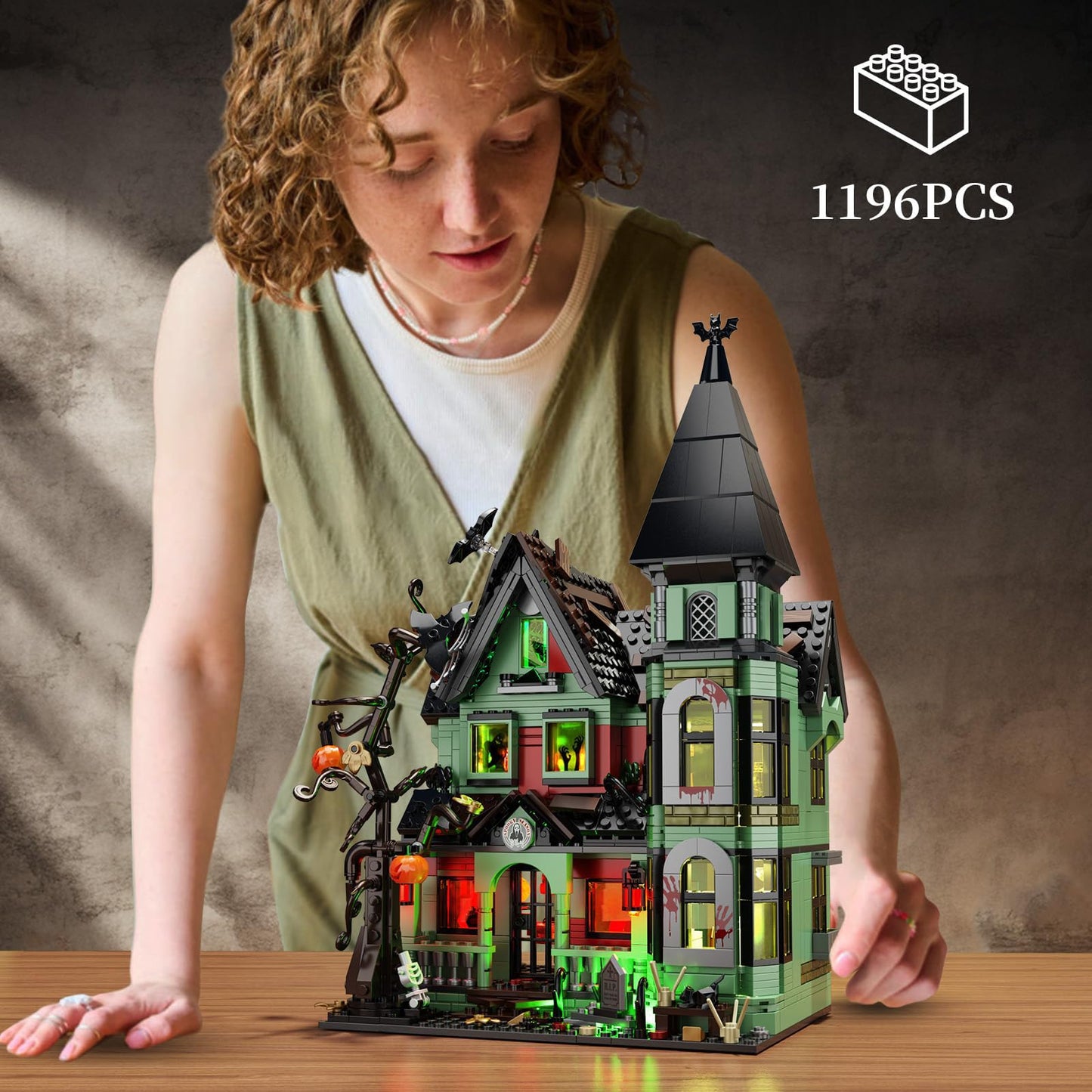 iATOM Haunted House Building Set with Lights, Halloween Mansion Building Toy Compatible with Lego for Adults, Horror Village Town Architecture Include Pumpkin Skeleton Spooky Bat Cat, F-C9987