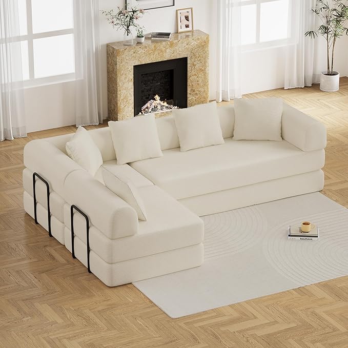 DAMAIFROM 157" Convertible Sleeper Sofa Bed Set with Pillow, 4-in-1 Corduroy Folding Mattress Boneless Couch with Fixed-Shape Frame, Fold Out Floor Sofa Cama Lounge Couch for Living Room, Beige White