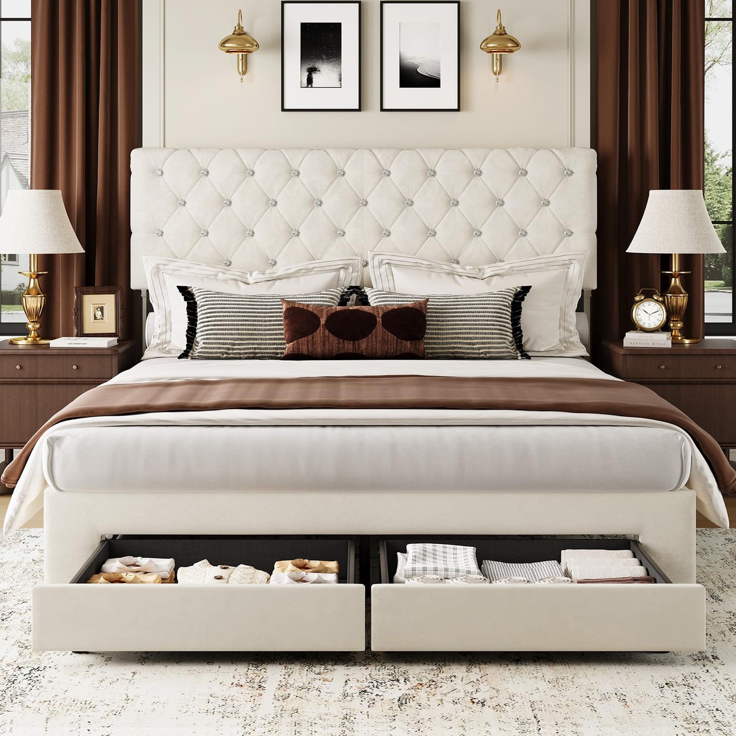 Belffin Full Size Bed Frame with 2 Storage Drawers, Upholstered Bed Frame with Adjustable Diamond Headboard, Velvet Modern Platform Bed Frame, No Box Spring Needed, Easy to Assemble, Beige