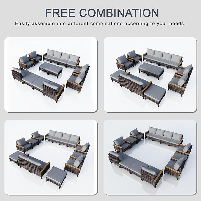 14 Pieces Patio Conversation Set, Wicker Rattan Sectional Modular Sofa Seating Set with Armchairs and Ottomans, Outdoor Furniture for Porch, Poolside, Deck, Balcony, Backyard, Yard (Gray Cushions)