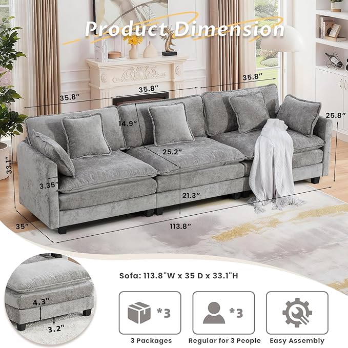 SoarFlash 113.78" Chenille Sectional Sofa, Comfy Modular Loveseat Sofa, Modern 3-Seat Couch Deep Seat Sofa Set for Living Room,Grey