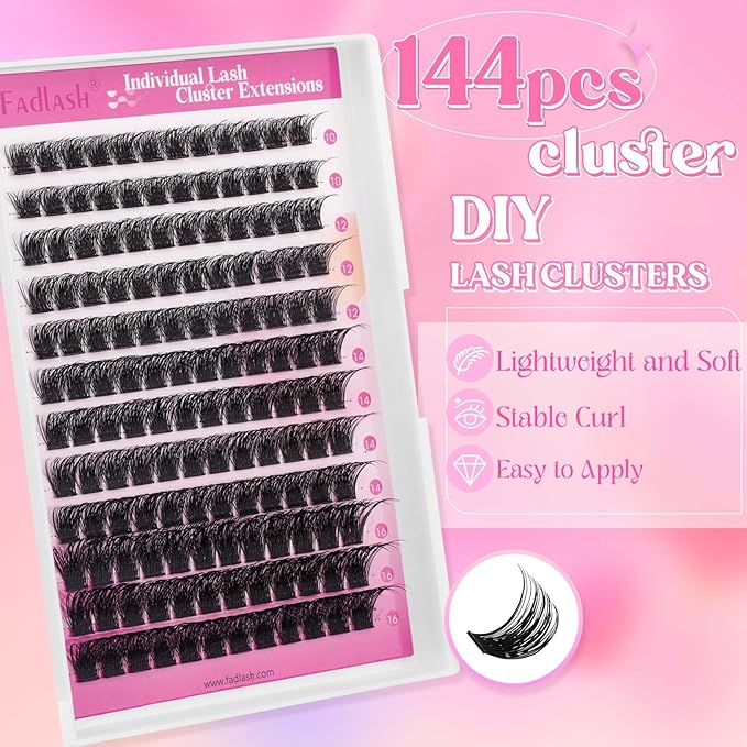 Lash Clusters 10-16mm 144pcs Mixed Tray Individual Lashes D Curl Individual Lashes Cluster Eyelash Extensions DIY Lash Extensions Eyelash Clusters Eyelash Extension Kit at Home (J02-0.07D, 10-16mm)
