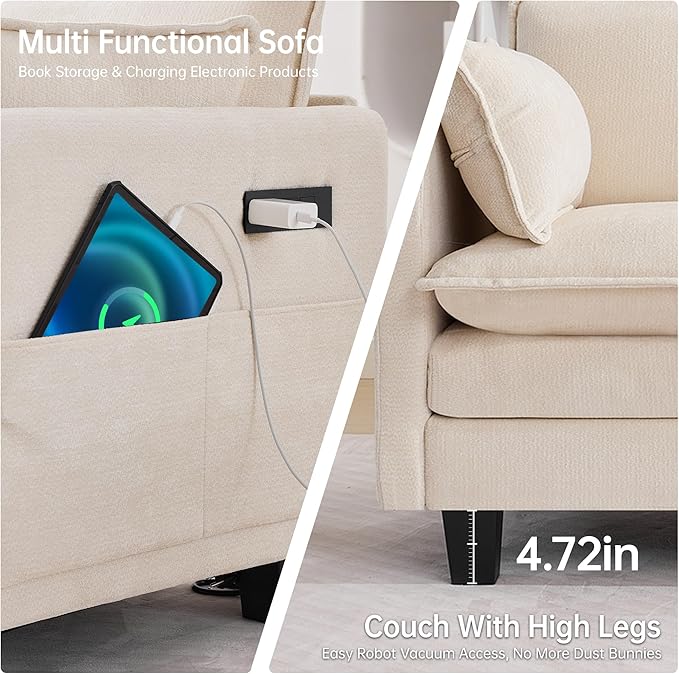 Opiesit 108" Modular Sectional Couches for Living Room with Ottoman, L Shaped Cloud Couch with Charger, USB & Type-c Port, Comfy 4 Seats Sofas with Deep Seat, Chenille Fabric, Beige