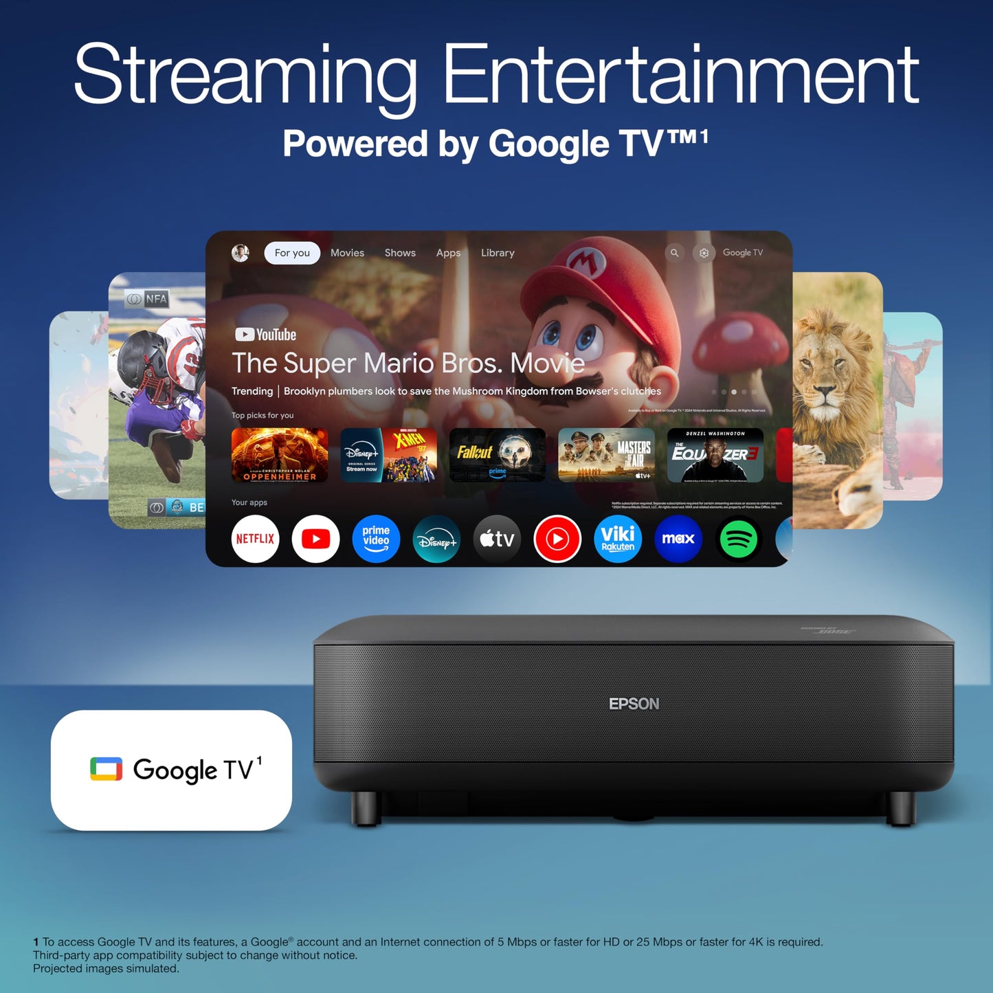 Epson Lifestudio Grand Ultra Short Throw Laser Projector 4K PRO-UHD, 3,600 Lumens of Color and White Brightness, Sound by Bose Technology, Google TV with Gemini, 3-Chip 3LCD Technology, HDR - Black
