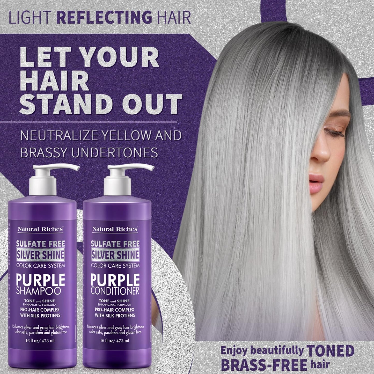 Natural Riches Radiant Silver Shine Purple Shampoo and Conditioner Set for Gray Hair - Paraben-Free and Color Safe - With Silk P